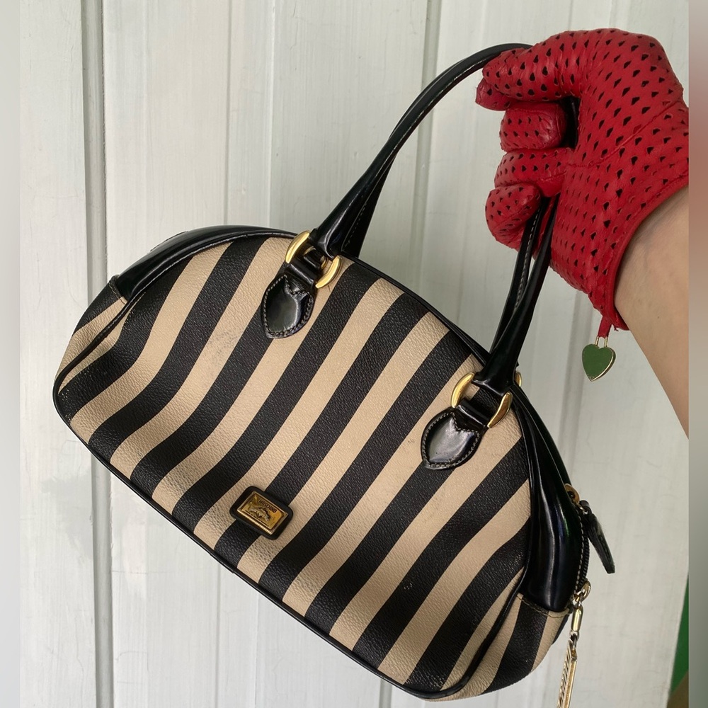 Vintage Moschino Black and Cream Striped bowling bag satchel
